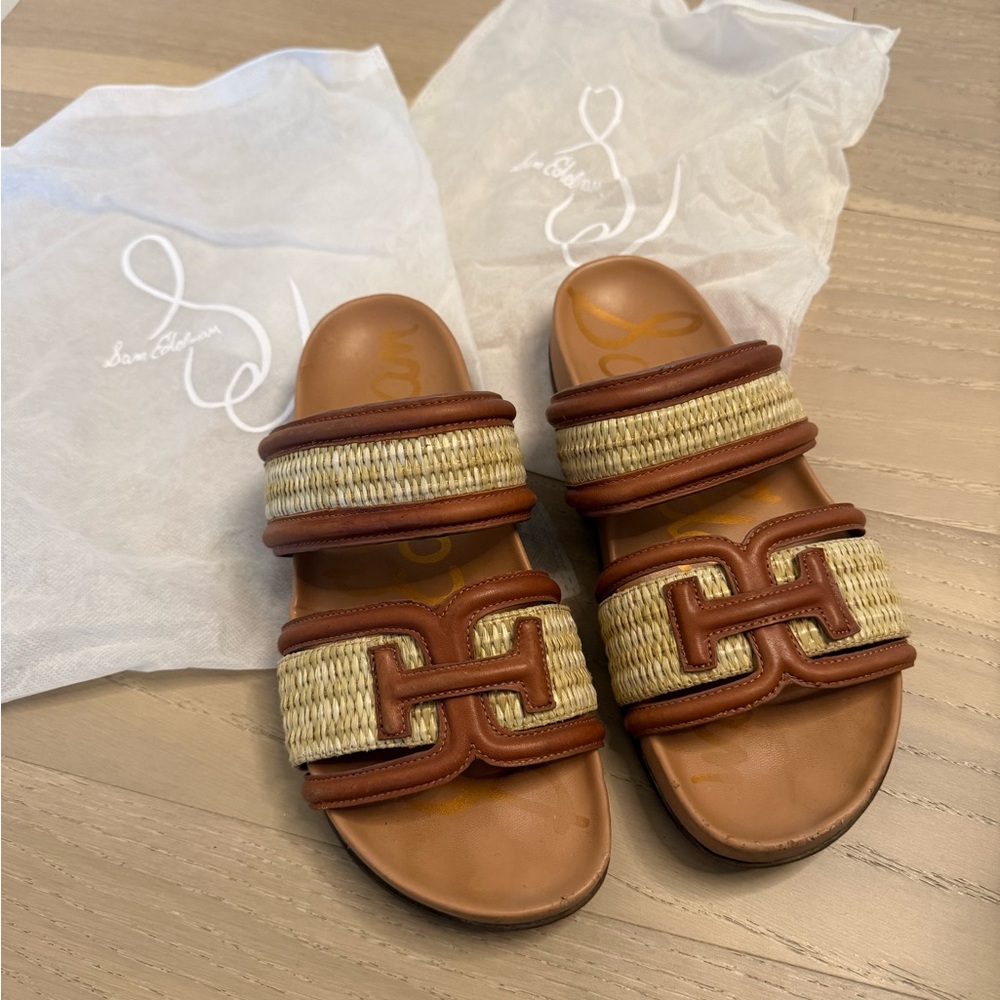 Sam Edelman Waylon Woven Raffia Double-E Logo Slide Sandals